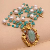Y·YING 2 Rows Cultured White Rice Pearl Blue Amazonite Necklace Green Amazonite Gold Plated Pendant