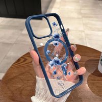 Blue Floral Pattern Magnetic Phone Case For iPhone 17 16 15 14 Pro Max 13 12 11 16E 16 Plus 17 Air Clear Shockproof Bumper Cover