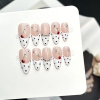 10pcs Handmade Press on Nails Cherry wave point Design Fake Nails Wearable Reusable Sweet Korean Almond False Nail Tips