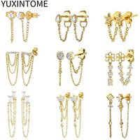 925 Sterling Silver Ear Needle Geometric Zircon Tassel Chain Stud Earrings For Women Exquisite Pendant Earrings Luxury Jewelry