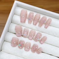 10pcs Pure Hand Pressed Coffin Nail Art,Beautiful Fake Nails,Pink Cat's Eye With Butterfly Pearls,Suitable For Women
