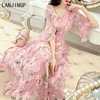 Sweet temperament chiffon dress, spring and summer 2025 new women's printed V-neck waist medium and long dress