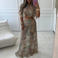 Sexy Crop Top Mini Skirt Sets Women Embroidery Half Sleeve Tops Sequined Short Skirts Set Female 2026 Summer Party Suit Lady