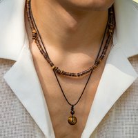 Natural Tiger Eye Healing Stone Necklace for Women Man Boho Handmade Layered Necklace Wood Bead Choker Summer Beach Jewelry Gift