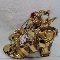 Floral Print Gold Round Toe Chunky Heels Roman Sandals Woman Summer 2026 Open Toe Hollow Slingback High Heel Shoes for Women