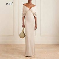 VGH Apricot Elegant Draped Bodycon Maxi Dress for Women Off The Shoulder Ruched Accent Evening Skirt for Wedding Guest Occasions