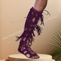 Runway Retro Style Flat with Purple Fringe Decor Hollow Sandal Boots Back Zipper Women Shoes 2025 Summer Zapatos Para Mujere