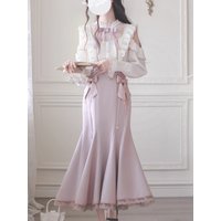 Japanese Sweet Lolita 2 Piece Sets Women Casual Bow Design Y2k Shirt + Elegant Midi Skirts Harajuku Fashion Lace Lovely Outfits