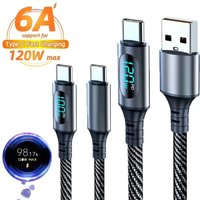 6A 120W Ultra-Super Fast Charge Cable USB A To Type C Nylon Data Cord For Xiaomi Redmi Samsung With Led Digital Display Cable
