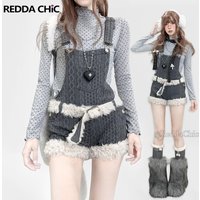 REDDACHiC Grunge Y2k Furry Shortalls with Belt Vintage Gray Knit Rompers Adjustable Straps Shorts Jumpsuit Winter Women Clothes