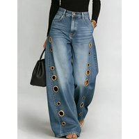Women's High Waist Wide Leg Jeans Denim Gold Eyelet Cutout Decor Loose Fit Streetwear Casual Y2K Denim Trousers with Pockets