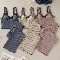 Women Pajamas New Hot Sale Women's Pajamas Bow Curled Striped Suspender Trousers Loungewear Set