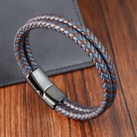 Leather Men's Bracelet with Multi-Layer Black Magnetic Buckle and Microfiber Leather Woven Bracelet