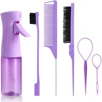 6 Piece Women Hair Braiding Tool Set with Continuous Spray Bottle Rat Tail Comb Edge Brush for Detangling Smoothing Pink