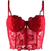 Women Solid Rose Embroidery Tank Top With Steel Rings Fishbone Strapless Corset Vest With Shoulder Straps French Style Sweet Top