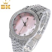 THE BLING KING Mother of Pearl Pink Dial Full Iced Out Two Tone Quartz Clock Business Waterproof Watches For Men Women