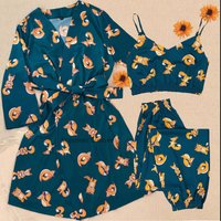 Cartoon Gedruckt Pyjamas Set mit Robe Frauen Seide Satin Robe & Nachtwäsche Nachtwäsche Pijamas V-ausschnitt Homewear Kleidung Loungewear 3 stücke