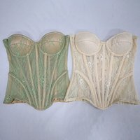 Women Mesh Corset Bustier With Cups Vintage Bodice Lace Up Boned Palace Floral Lace Corset Strapless Tube Tops Wedding Party