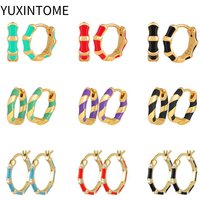 Crystal Bamboo Hoop Earrings For Women 925 Silver Needle Colorful Enamel Earrings Party Jewelry Accessories Gift