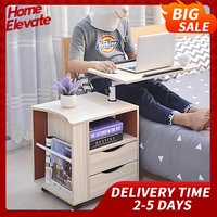 Rotating End Table 2 Drawers Adjustable Height Bedside Cabinet 360° Swivel Sofa Side Table Living Room Bedroom Office Storage
