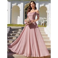 UNITHORSE Open Shoulder Pleated Front, Cinched Waist, Flowy Back Tied Maxi Bridesmaid Dress With Dramatic Open Back