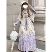 Coalfell Lolita Element Antiquities Hanfu Fall/Winter Daily Purple Suit Cross Collar Cardigan + Pony-face Pleated Skirt Set