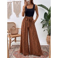 Women Dotted Print High Waist Wide Leg Pants Casual Palazzo Trousers