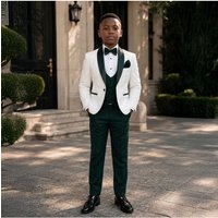 Father Son Matching Tuxedo Set Ivory & Emerald Green Formal Suit for Wedding Children Birthday Party Dress for Boys