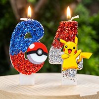 Pikachu Birthday Number Candle Glitter Sequins Cake Topper Cartoon Anime Themed Kids Birthday Party Decor Supplies