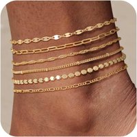 Waterproof Ankle Bracelets for Women Girls, 14K Gold Plated STAINLESS STEE/Alloy 6PCS Anklets Set Dainty Summer Beach Jewelry