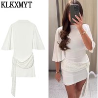 KLKXMYT Women Mid Sleeved Backless Sexy Mini Dress Sequin Ribbon Waist Cinching Lace Up Dress 2026 Lady Elegant Party Dresses