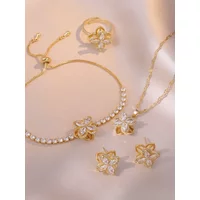 Charm Rotate Zircon Four Leaf Flower Pendant Necklace for Women Luxury Brand Stainless Steel Crystal Earring Rings Jewelry Set