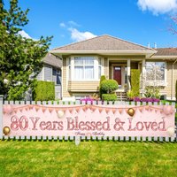 VIKAMA 80 Years Blessed & Loved Yard Banner Pink Rose Gold Balloon Outdoor Fence Sign 80th Birthday Backyard Party Decor