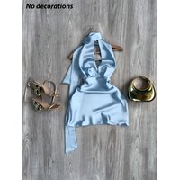 Women's All-season Satin Dress, Halter Tie Waist, Backless Design, Elegant Glitter Satin, Suitable for Vacation, Daily Wear