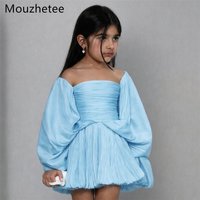 Booma A-Line Off The Shoulder Blue Pleat Flowers Girl Dresses Wedding Party Dress for Kids Flowers Girls Prom Gowns Customized