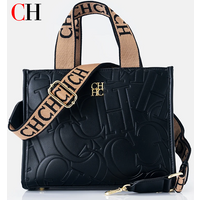 CH Women Handbag Luxury Embossed Logo Black PU Leather Tote Bag Wide Strap Crossbody Bag Daily Casual