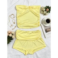 Y2K Coquette Women Yellow Twist Knot Strapless Tube Top & Ruched Waist Shorts Set Slim Fit Summer Casual Going-Out Streetwear