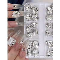 Sparkling Clear Crystal Nail Art Rhinestones Set 24pcs Flatblack Gems For DIY Manicure Decorations, 8-11mm, Heart & Square Shape