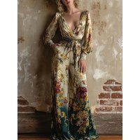 Boho Women's Flower Printed Jumpsuit Deep V-neck Lantern Sleeves High Waist Lace-up Wide Leg One-piece Spring Casual Jumpsuits