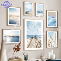 1PC Blue Sea Waves Beach Boat Coconut Tree Reeds Wall Art Canvas Painting Nordic Posters Pictures For Living Room Decor