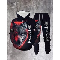 Men's Wolf Printed Hoodie Set Fashion 3D Printed Casual Hoodie Pants Two-Piece Set Trendy Streetwear Casual Sports Suit