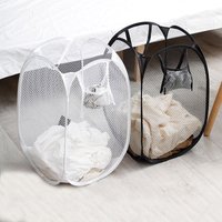 Foldable Mesh Laundry Hamper, Pop-Up Clothes Basket with Side Pockets for Bedroom & Bathroom