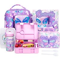Kids Bento Set with Lunch Bag, Stainless Steel Water Bottle & Ice Pack, Butterfly Lunch Box for Girls Ages 3-12 Toddler