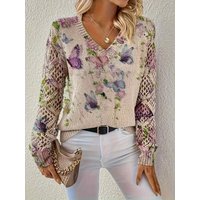 Spring Fashion New Style Pullover V-Neck Hollow-Out Long-Sleeve Women's Top with Butterfly Pattern Digital Print Trendy Women's Clothing