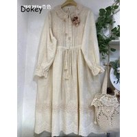 Vintage Embroidery Long Sleeve Cotton Linen Dresses Women Japanese Mori Girl Ruffled Lace Collar Loose Midi Dress Casual Vestido