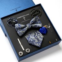 High Quality Holiday Gift Box 7.5 cm Blue Paisley Tie Hanky Pocket Squares Cufflink Set For Man Suit Accessories Birthday Gift