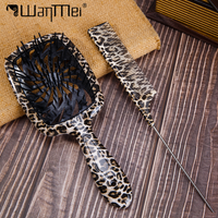 2pcs Leopard Print Combs Set Hollow Out Windmill Comb with Rat Tail Fine Comb Anti-frizz Hairbrush Salon Hair Styling Tools