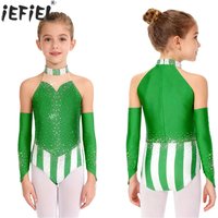 6-16Y Girls Christmas Shiny Rhinestones Ballet Dance Skating Gymnastics Leotard with Sleeves Halloween Carnival Circus Bodysuit