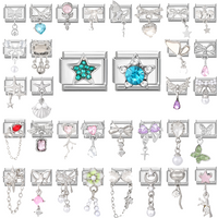Y2k Italian Charm Silver Color Bracelet Series Blue Stars Zircon Bowknot Pearl Heart Hand Making DIY Chain Shiny Pendant Jewelry