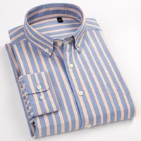 Men's Stylish Striped 100% Cotton Oxford Long Sleeve Shirt with Chest Pocket Standard-fit Smart Casual Button Down Thick Shirts